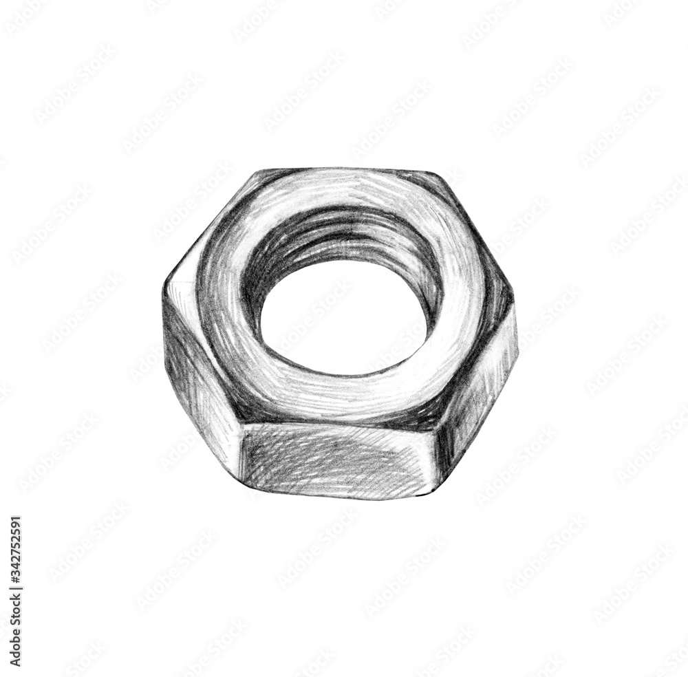 Pencil illustration of building tools nut. Realistic drawing isolated on white. Pencil illustration of building tools nut. Realistic drawing isolated on white.