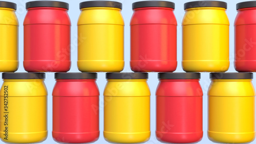 The background of colorful plastic jars with black caps isolated on a soft background. Grid structure. 3d render. 