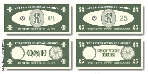 US fictitious green paper money in denominations of one and twenty five dollars Part three