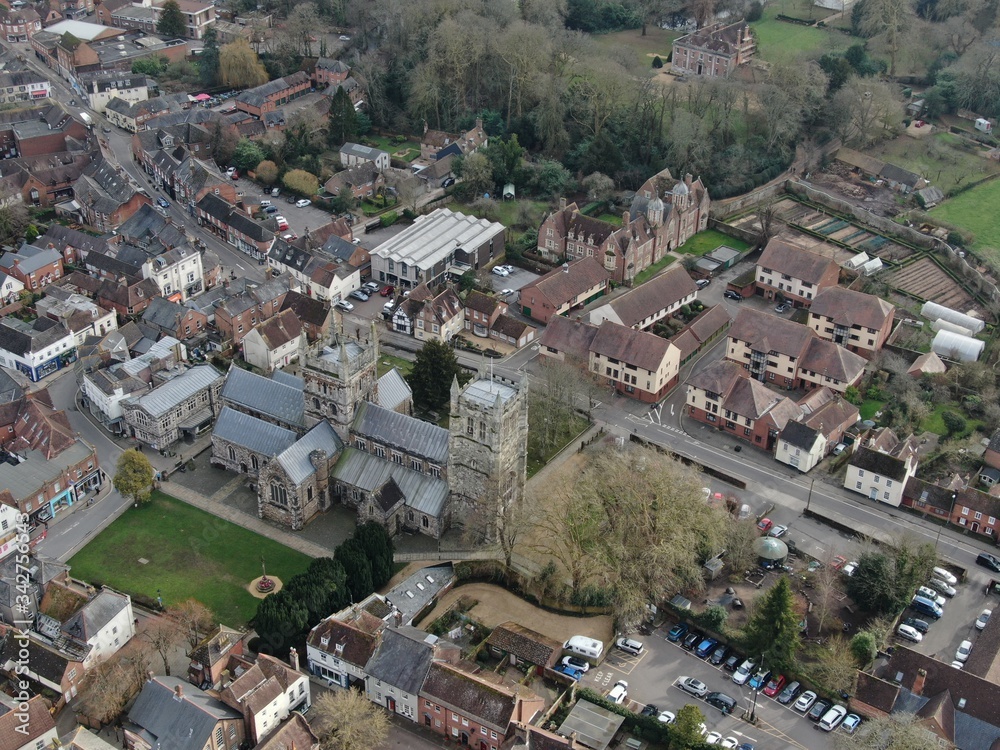 aerial view of Wimborne Minister church and town centre