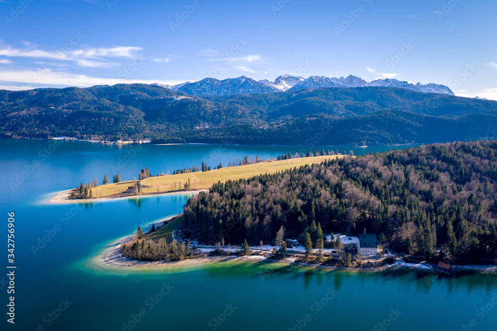 Aerial view on Walchensee lake in Bavaria. Germany