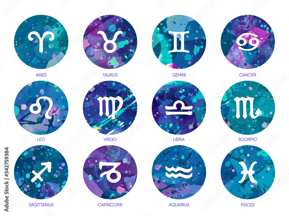 Zodiac icons on watercolor background. Free Hand drawing.
