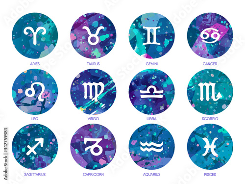 Zodiac icons on watercolor background. Free Hand drawing.