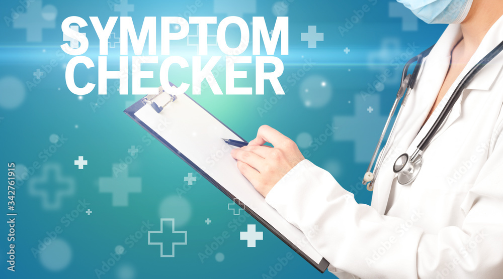 doctor writes notes on the clipboard with SYMPTOM CHECKER inscription, first aid concept doctor writes notes on the clipboard with SYMPTOM CHECKER inscription, first aid concept