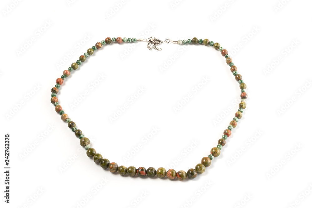 beads from natural Jasper, Heliotrope on a white background isolate beads from natural Jasper, Heliotrope on a white background isolate