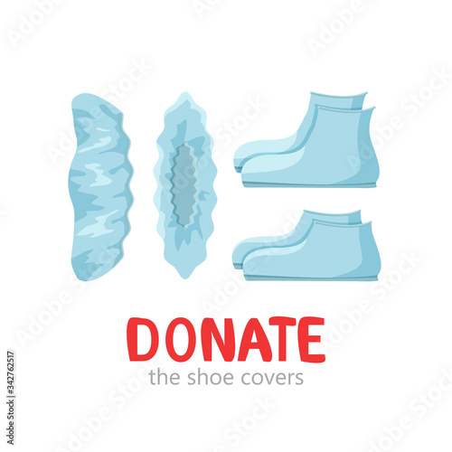 Vector illustration of blue shoe covers donation isolated. Use shoe covers in hospital. Donate protective wear against dirt, bacteria and virus. Public hygiene, boots covers. Flat concept design