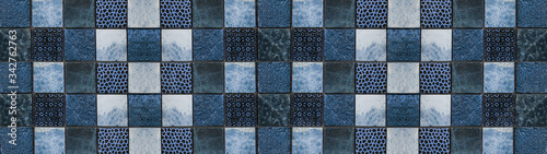 Black anthracite gray blue square cement concrete vintage retro mosaic print tiles texture background banner panorama photo