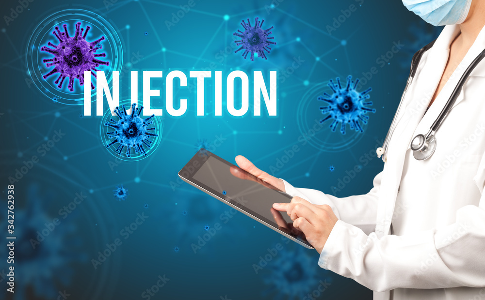 doctor prescribes a prescription with INJECTION inscription, pandemic concept doctor prescribes a prescription with INJECTION inscription, pandemic concept
