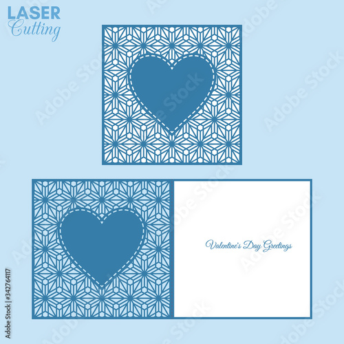 Laser cut template of fold card with heart on geometric pattern. Sutable for brochures, wedding invitations or Valentine's Day greeting card. photo