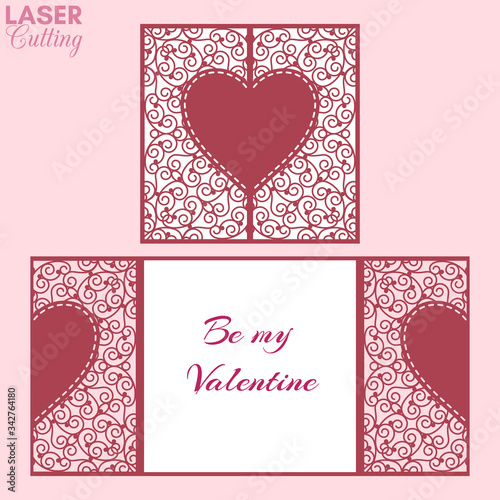 Laser cut template of gate fold card with heart on swirls pattern. Sutable for brochures, wedding invitations or Valentine's Day greeting card.
