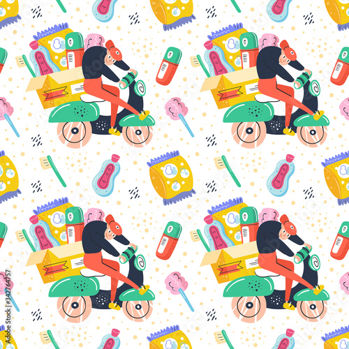 Man driving on delivery scooter. Fast food delivery. Fast shop service.  Coronavirus pandemic self isolation, protection.Flat cartoon colourful vector hand drawn seamless pattern, texture, background,
