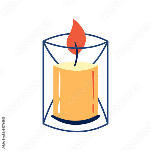 Little cute yellow candle in glass. Lovely home design. Comfortable accessory. Flat colourful vector illustration, art isolated on white background.