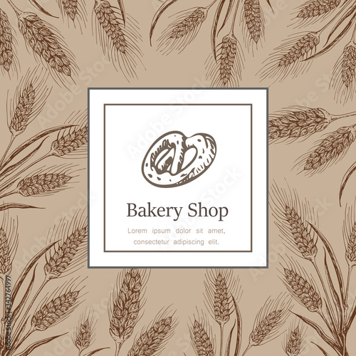 Bakery, pastry shop label, logo, flyer template with wheat ears frame, pretzel and lettering. bakeshop background. vector hand drawn sketch illustration. banner for bakehouse, bread packaging design.