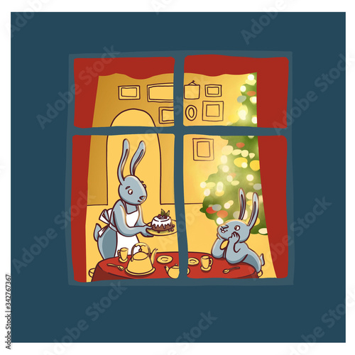 View through a window on the interior of a Christmas living room with the Christmas tree and two rabbits having teatime with dessert. Cute cartoon illustration.