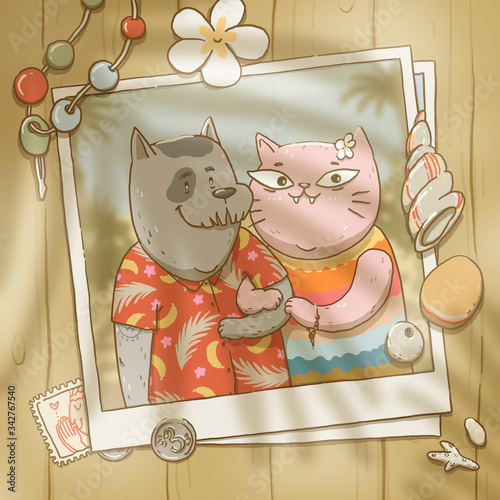 Vacation family portrait of a cat couple. Colorful cartoon illustration of two traveling cats photo.