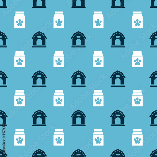 Set Dog house and Bag of food for pet on seamless pattern. Vector
