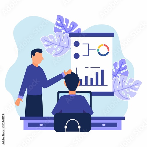 Meeting design concepts, business presentations, training, annual reports. Vector illustration of 2 business men. Website banners, marketing materials, business presentations, online advertising.