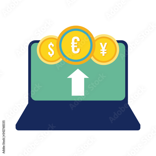 laptop with international coins flat style icon