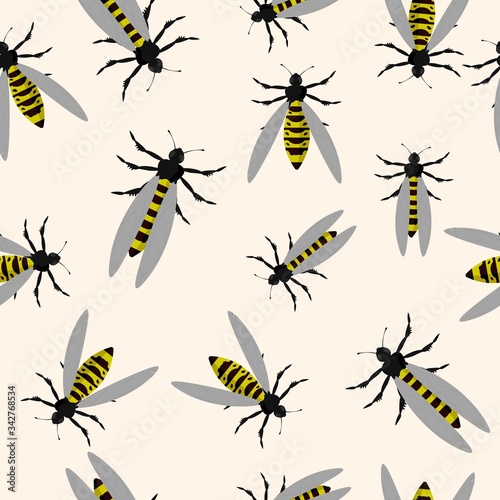Seamless pattern with wasps on an isolated white background. Abstract cute print with insects. Stock illustration.