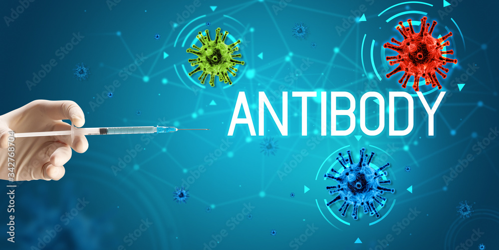 Syringe, medical injection in hand with ANTIBODY inscription, coronavirus vaccine concept Syringe, medical injection in hand with ANTIBODY inscription, coronavirus vaccine concept