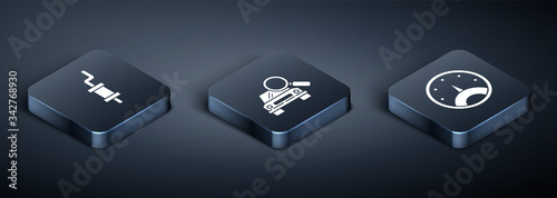 Set Isometric Car muffler, Speedometer and Car search icon. Vector