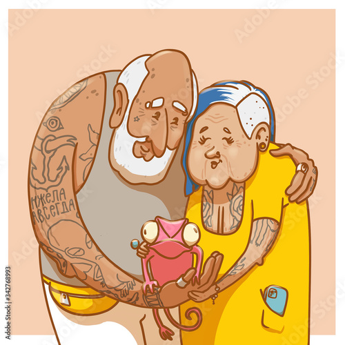 Family portrait of an old hipster couple with chameleon pet. Colorful cartoon stylish grandparents with tattoos.