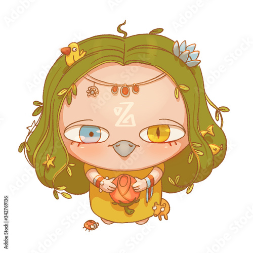 Colorful cartoon little forest fairy character. Hand drawn illustration of pretty magic creature. Fantasy spirit.