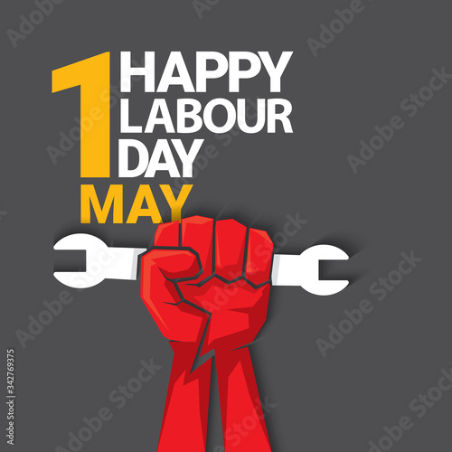 1 may Happy labour day vector label with strong protest fist isolated on grey background with rays. vector happy labor day background or banner with man hand. workers may day poster