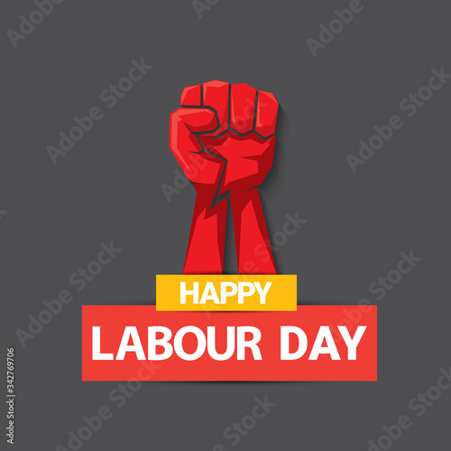 1 may Happy labour day vector label with strong protest fist isolated on grey background with rays. vector happy labor day background or banner with man hand. workers may day poster