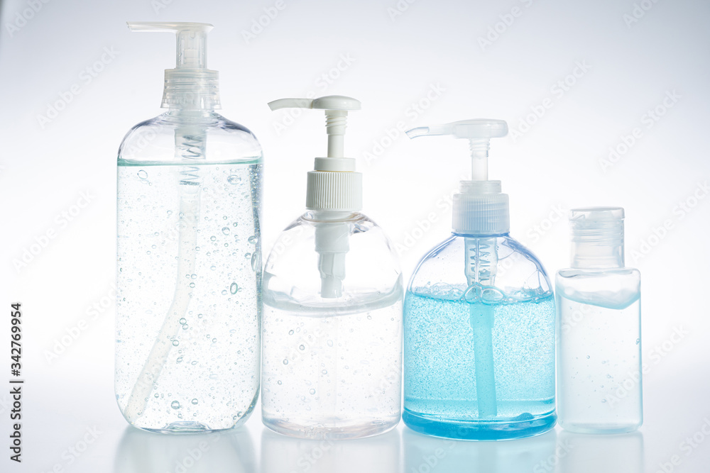 Close up hand sanitizer gel pump bottle, alcohol gel for prevention coronavirus disesse 2019 (COVID-19), bacteria and germ with copy space isolated on white background Close up hand sanitizer gel pump bottle, alcohol gel for prevention coronavirus disesse 2019 (COVID-19), bacteria and germ with copy space isolated on white background