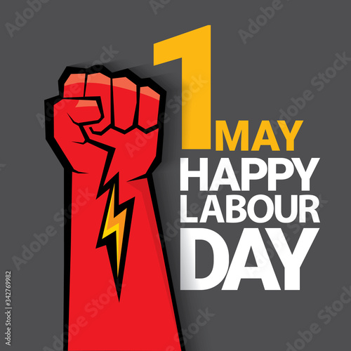 1 may Happy labour day vector label with strong protest fist isolated on grey background with rays. vector happy labor day background or banner with man hand. workers may day poster