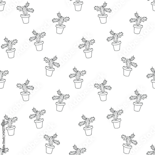 Cacti: simple drawings, colorless seamless pattern, wallpaper texture print, wrapping design. Vector graphics.
