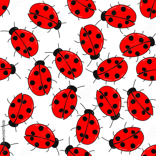 Bright cartoon ladybugs: seamless pattern, wallpaper texture print, wrapping design. Vector graphics.