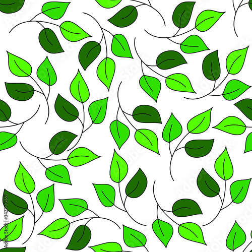Green leaves on white background: floral seamless pattern, wallpaper texture print, wrapping design. Vector graphics.