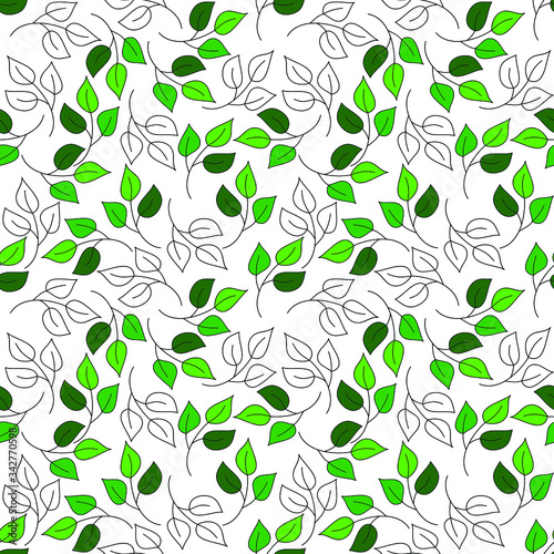 Green and transparent leaves on white background: floral seamless pattern, wallpaper texture print, wrapping design. Vector graphics.