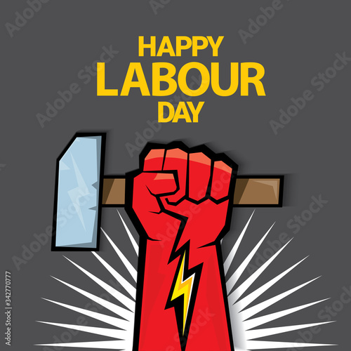1 may Happy labour day vector label with strong protest fist isolated on grey background with rays. vector happy labor day background or banner with man hand. workers may day poster