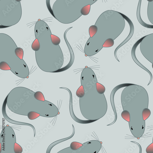 Grey mice on grey background: seamless pattern, wallpaper texture print, wrapping design. Vector graphics.