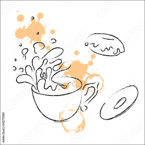 Sketched hand drawn coffee cup, hot tea drink with donuts. Tea cup symbol with stains of drinks. Vector illustration in sketch style, outline. Pencil sketch.