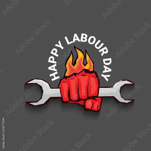 1 may Happy labour day vector label with strong protest fist isolated on grey background with rays. vector happy labor day background or banner with man hand. workers may day poster