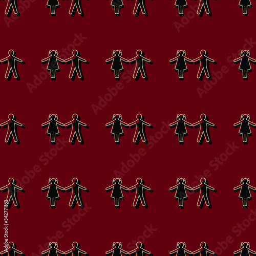 Black couples' silhouettes on dark-red background: seamless pattern, wallpaper texture print, wrapping design. Vector graphics.