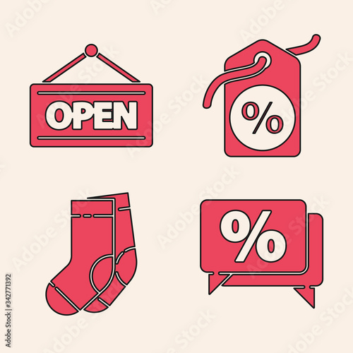 Set Discount percent tag, Hanging sign with Open, Discount percent tag and Socks icon. Vector