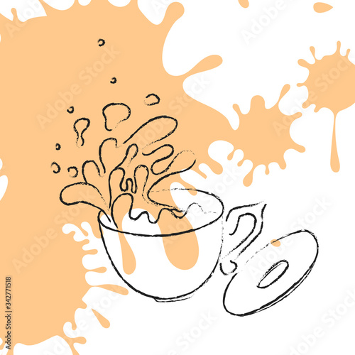 Sketched hand drawn coffee cup  hot tea drink. Tea cup symbol with stains of drinks. Vector illustration in sketch style  outline. Pencil sketch.