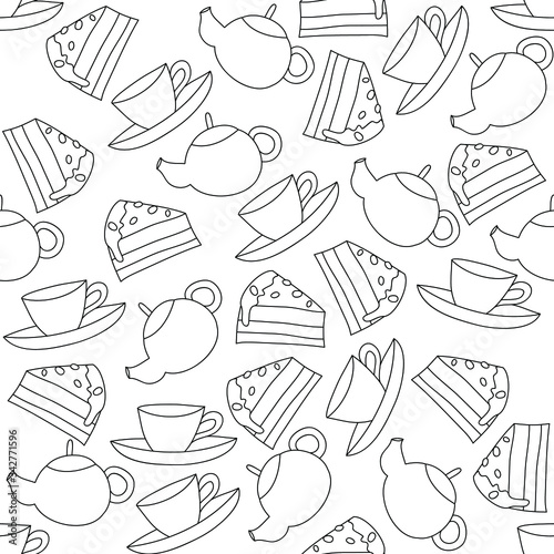 Tea time simple drawings, colorless seamless pattern, wallpaper texture print, wrapping design. Vector graphics.
