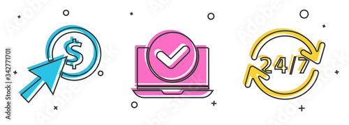 Set Cursor and coin, Laptop and Clock 24 hours icon. Vector