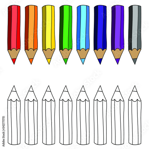 Eight colorful and eight colorless pencils, simple isolated drawings, coloring page. Vector graphics.