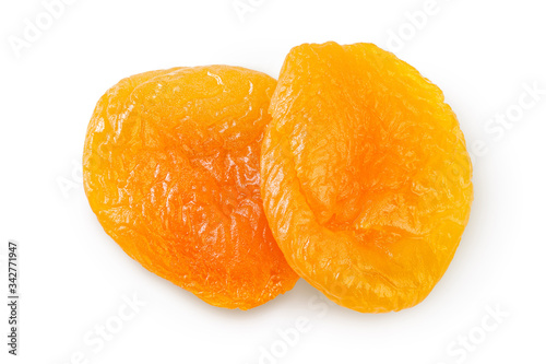 Dried apricots isolated on white background with clipping path and full depth of field. Top view. Flat lay