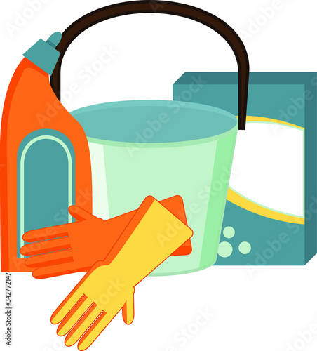 bucket of gloves household chemicals