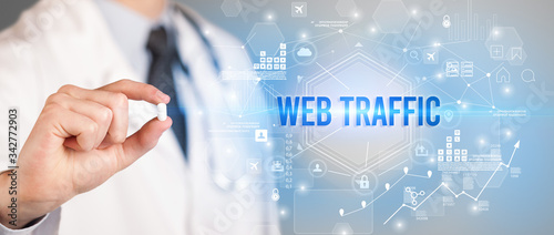 Doctor giving a pill with WEB TRAFFIC inscription, new technology solution concept