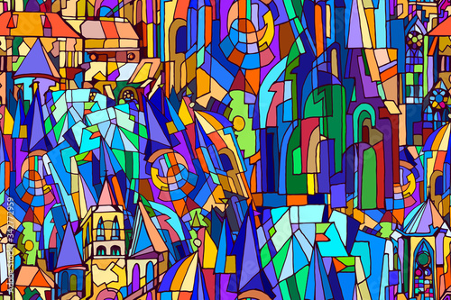 Abstract fantasy colorful night Gothic city illustration. Stained glass texture. Hand drawn.