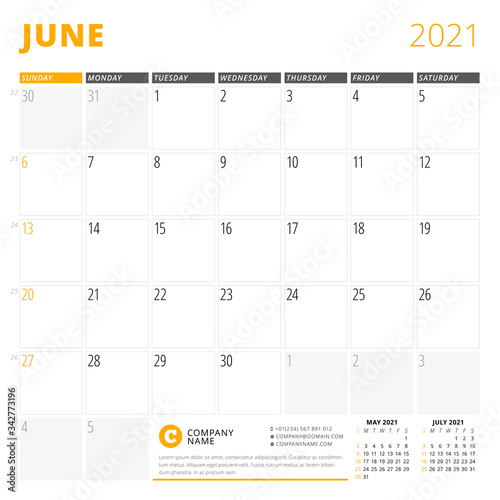 Corporate design planner template for June 2021. Monthly planner. Stationery design. Week starts on Sunday.